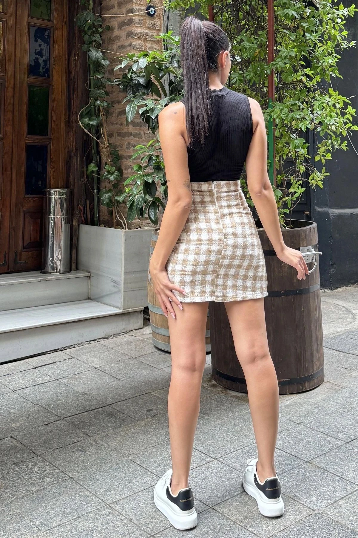 Vizon Kareli Yüksek Bel Mini Etek