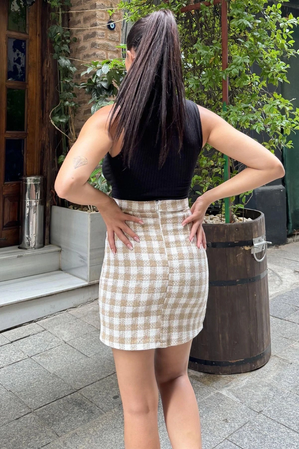 Vizon Kareli Yüksek Bel Mini Etek