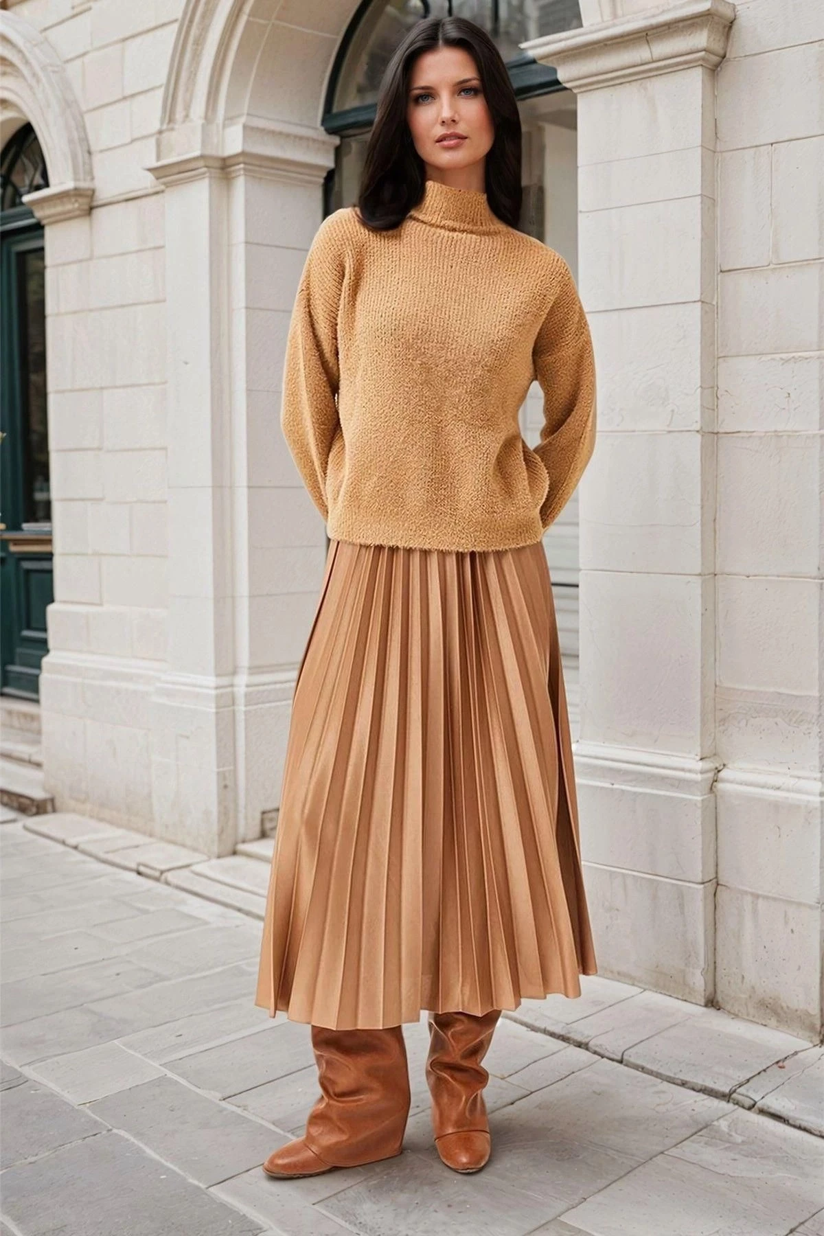 Vizon Yüksek Bel, Beli Lastik Detaylı, Piliseli Uzun Etek