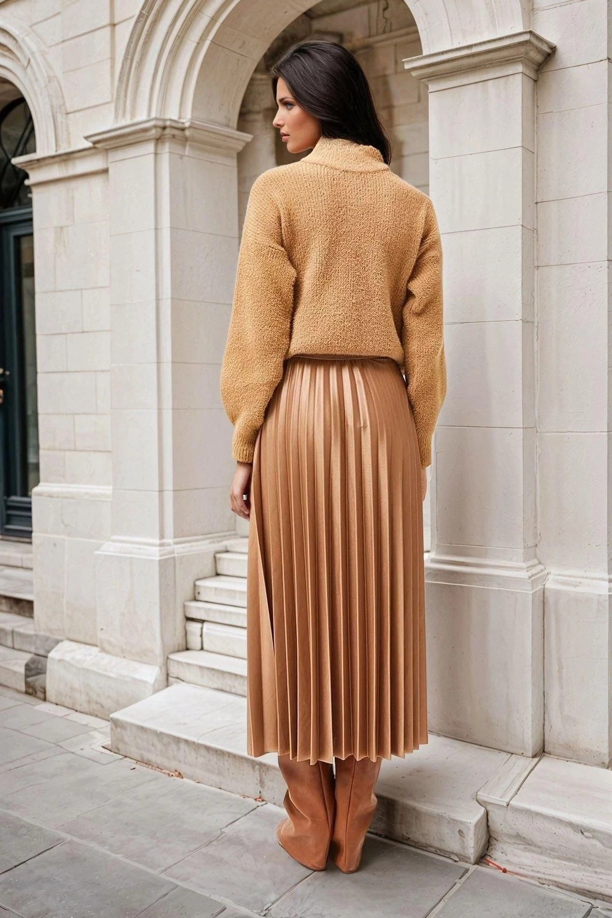 Vizon Yüksek Bel, Beli Lastik Detaylı, Piliseli Uzun Etek