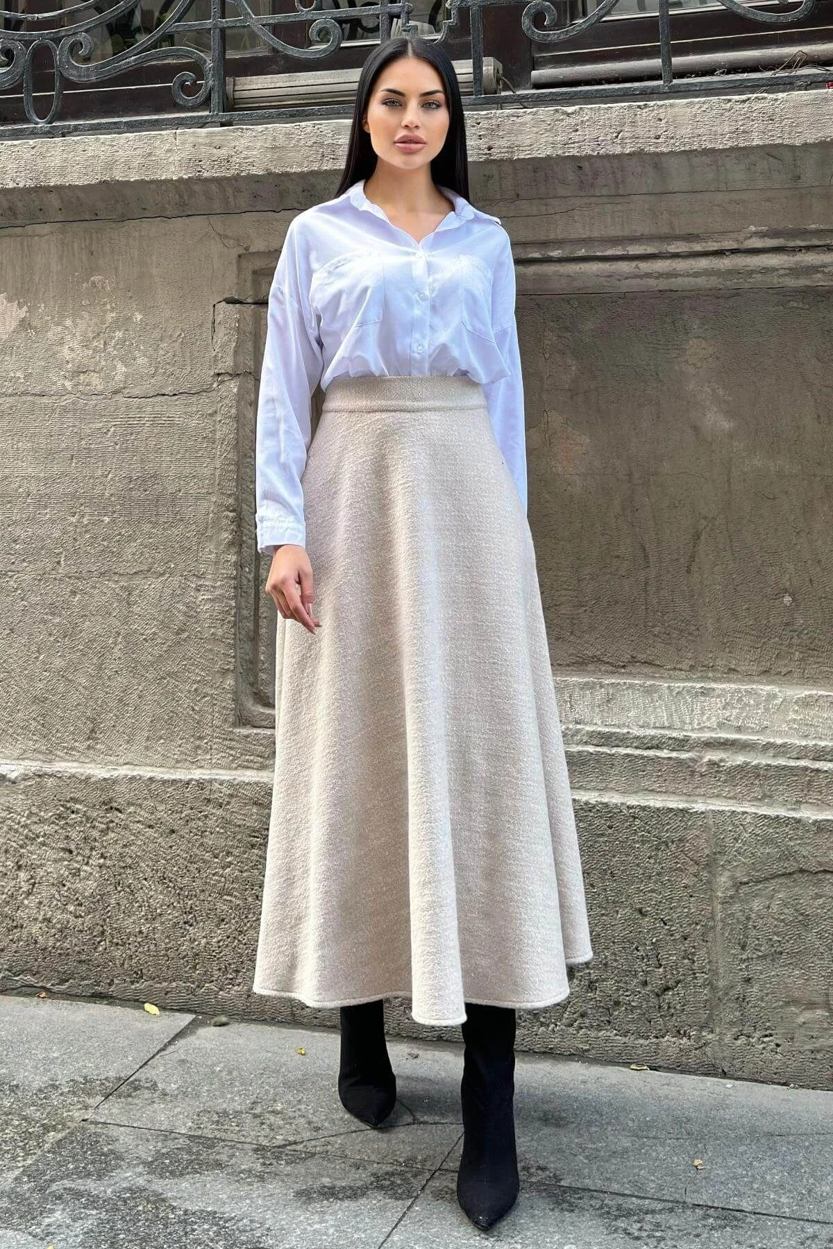 Vizon Yüksek Bel, Cepli, Kiloş Kesim, Kırçıllı Kaşe Uzun Etek