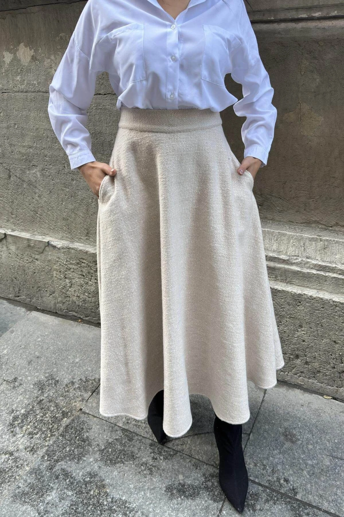 Vizon Yüksek Bel, Cepli, Kiloş Kesim, Kırçıllı Kaşe Uzun Etek