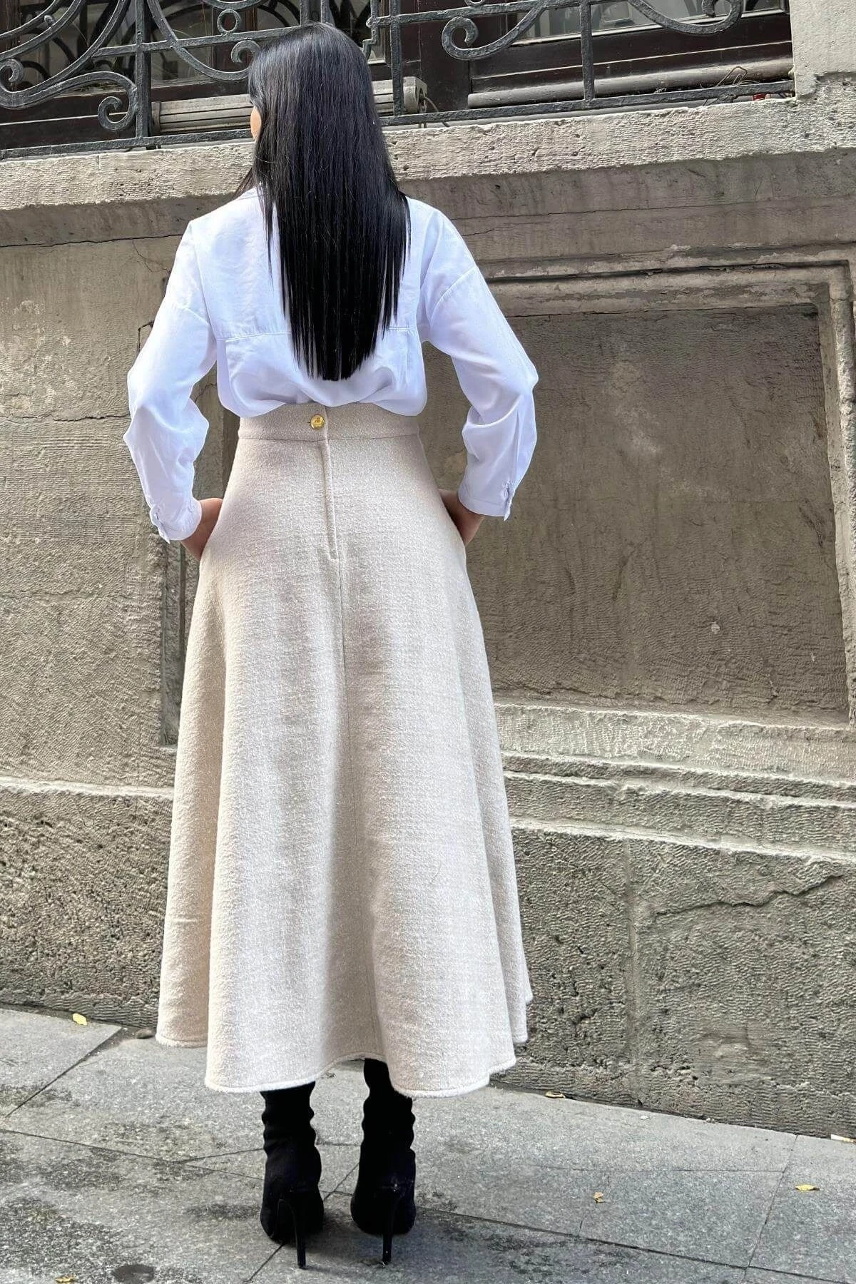 Vizon Yüksek Bel, Cepli, Kiloş Kesim, Kırçıllı Kaşe Uzun Etek