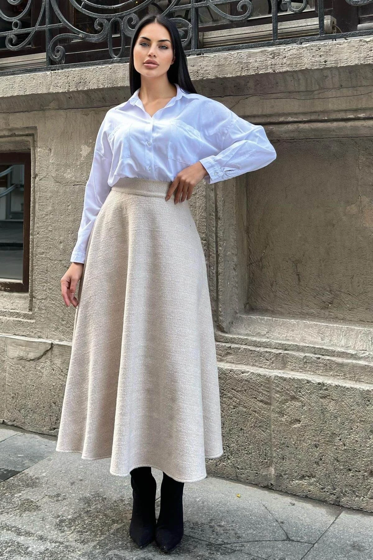 Vizon Yüksek Bel, Cepli, Kiloş Kesim, Kırçıllı Kaşe Uzun Etek