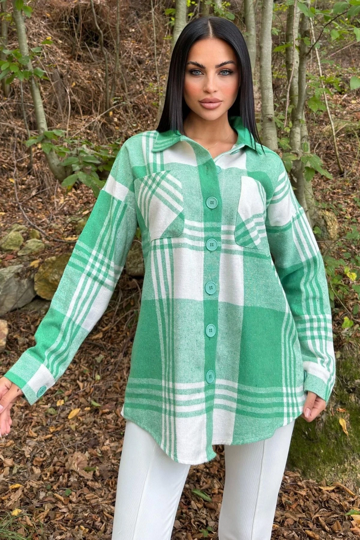 Yeşil Çift Cepli, Ekose Desenli, Rahat Kalıp, Salaş Kaşe Gömlek