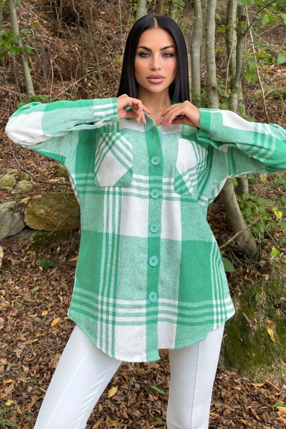 Yeşil Çift Cepli, Ekose Desenli, Rahat Kalıp, Salaş Kaşe Gömlek
