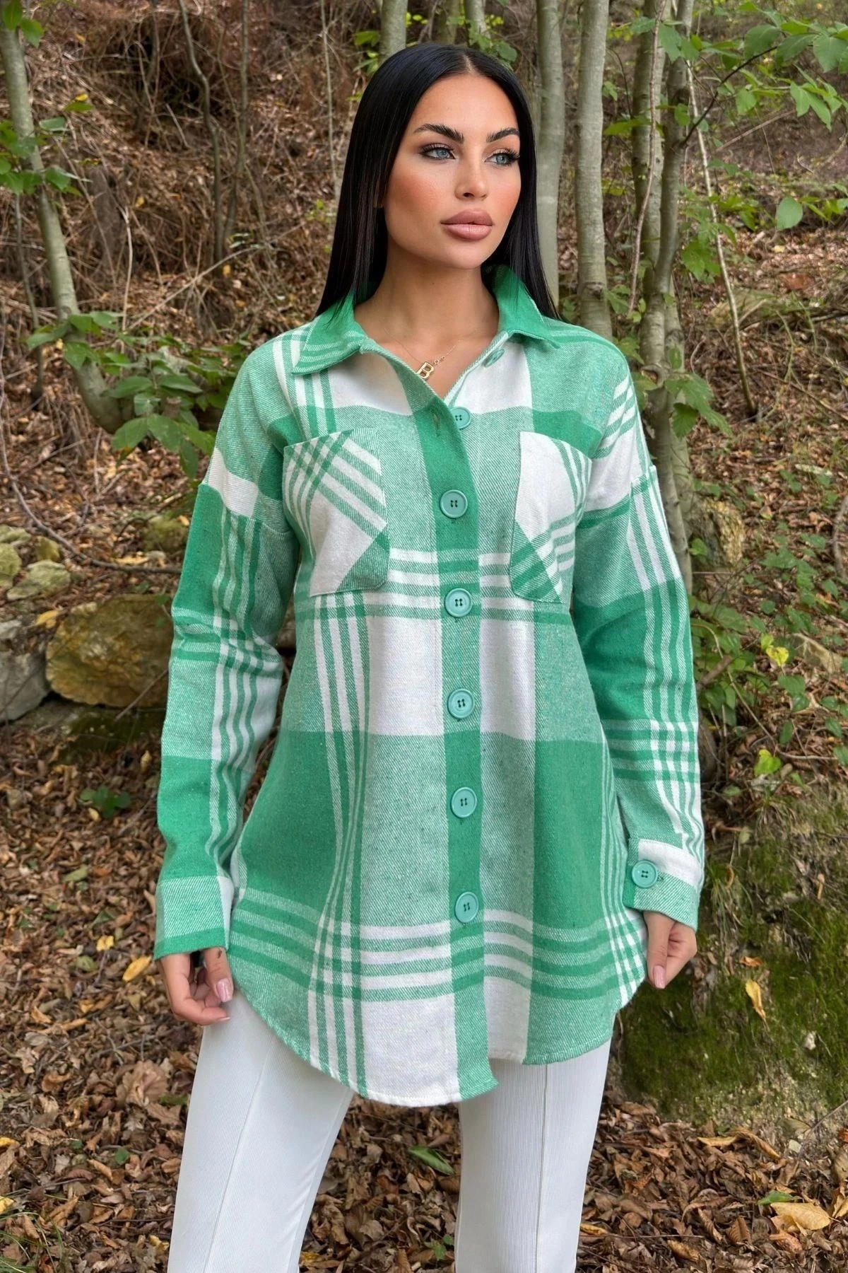 Yeşil Çift Cepli, Ekose Desenli, Rahat Kalıp, Salaş Kaşe Gömlek