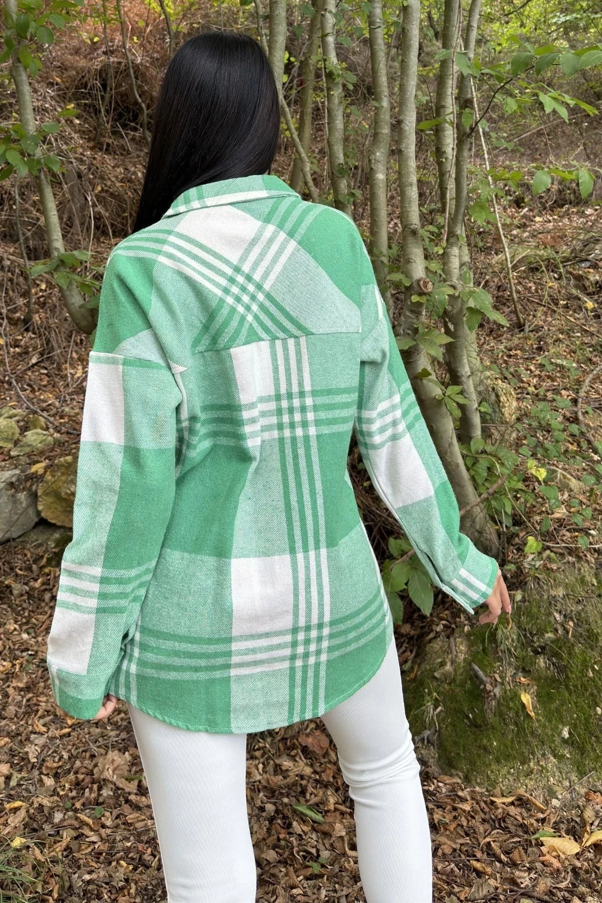Yeşil Çift Cepli, Ekose Desenli, Rahat Kalıp, Salaş Kaşe Gömlek