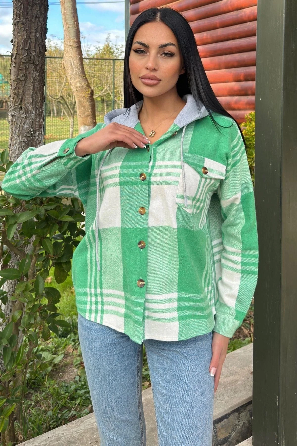 Yeşil Ekose Desenli, Yumuşak Dokulu, Kapüşonlu Oduncu Gömlek