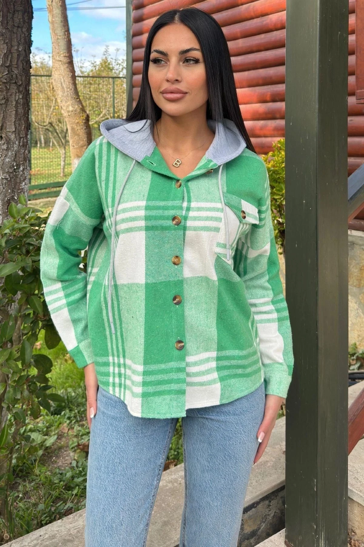 Yeşil Ekose Desenli, Yumuşak Dokulu, Kapüşonlu Oduncu Gömlek