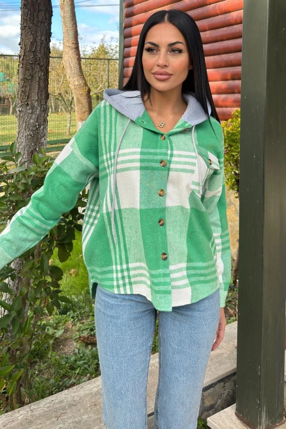 Yeşil Ekose Desenli, Yumuşak Dokulu, Kapüşonlu Oduncu Gömlek