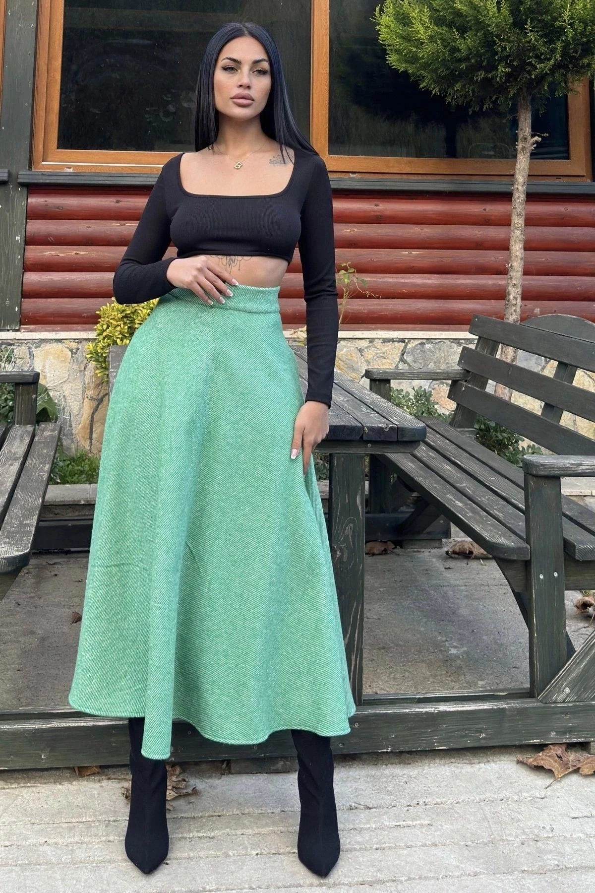 Yeşil Yüksek Bel, Cepli, Kiloş Kesim, Uzun Kaşe Etek