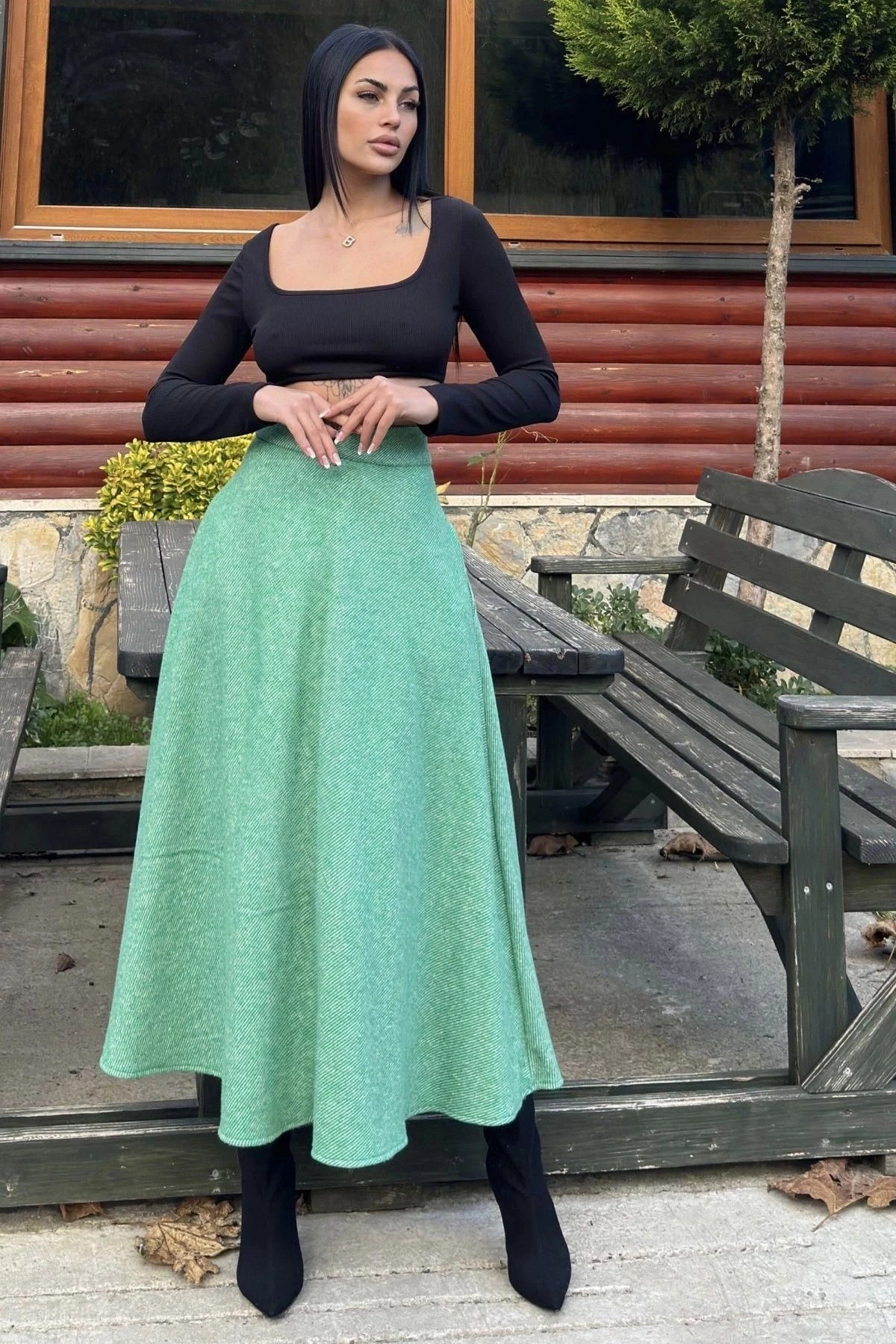 Yeşil Yüksek Bel, Cepli, Kiloş Kesim, Uzun Kaşe Etek