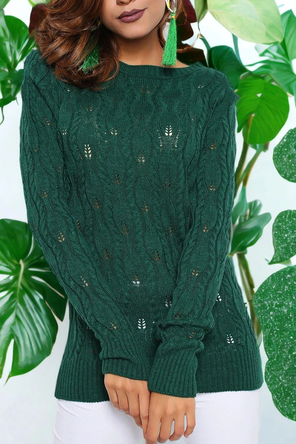 Yeşil Yuvarlak Yaka, Örgü Desenli, Triko Kazak