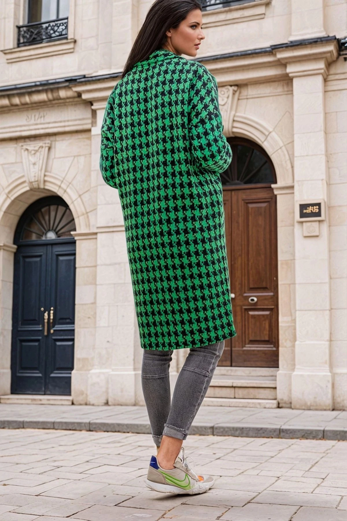 YeşilKaz Ayağı Desenli, Cep Detaylı, Uzun Kaban