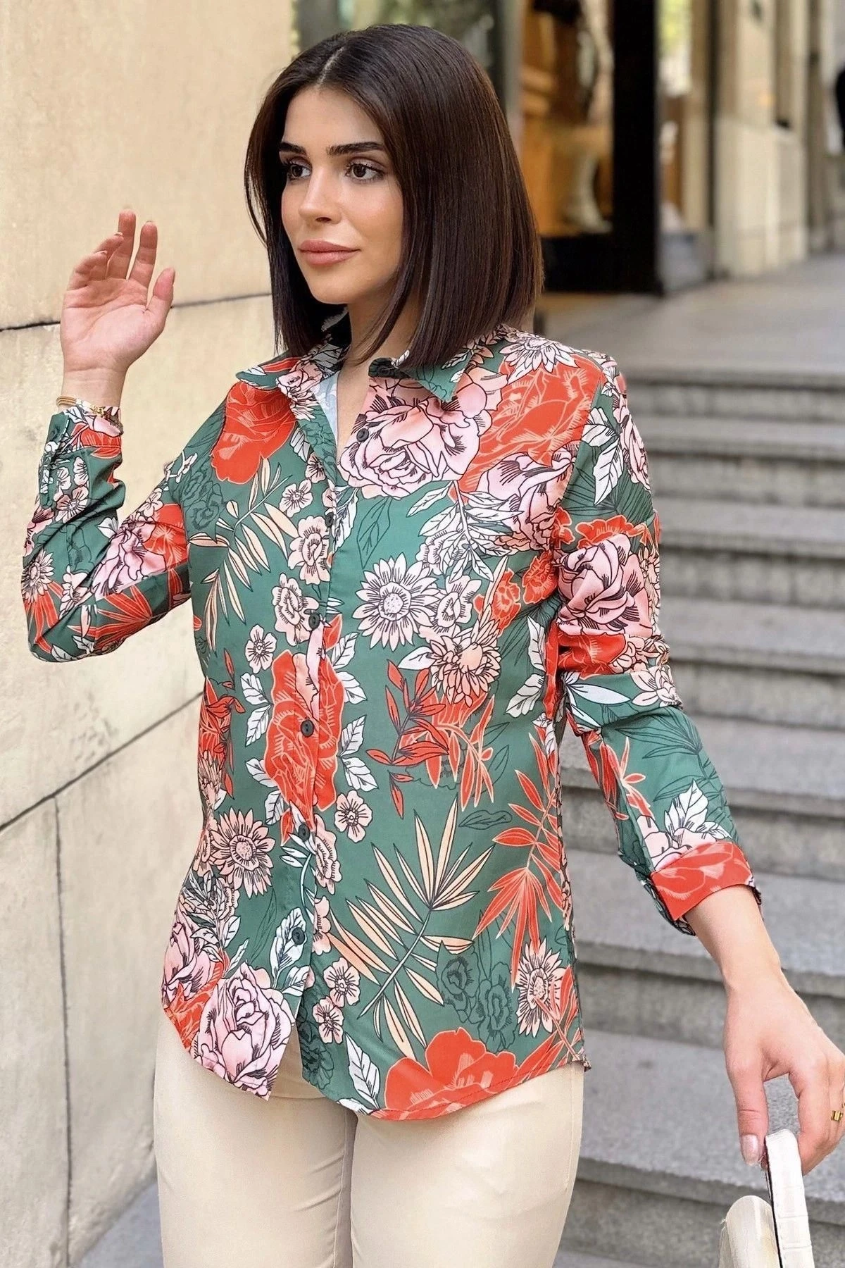 Haki Klasik Yaka, Uzun Kol, Digital Baskılı Kumaş, Regular Kalıp/Kesim, Gömlek