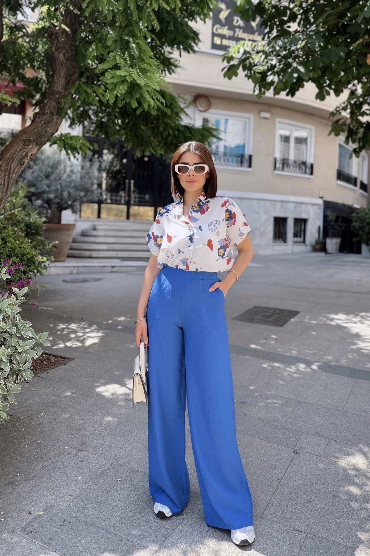 İndigo İspanyol Bol Paça, Lastikli Bel, Keten/Airobin Kumaş, Salaş , Cepli, İç Göstermez Pantolon