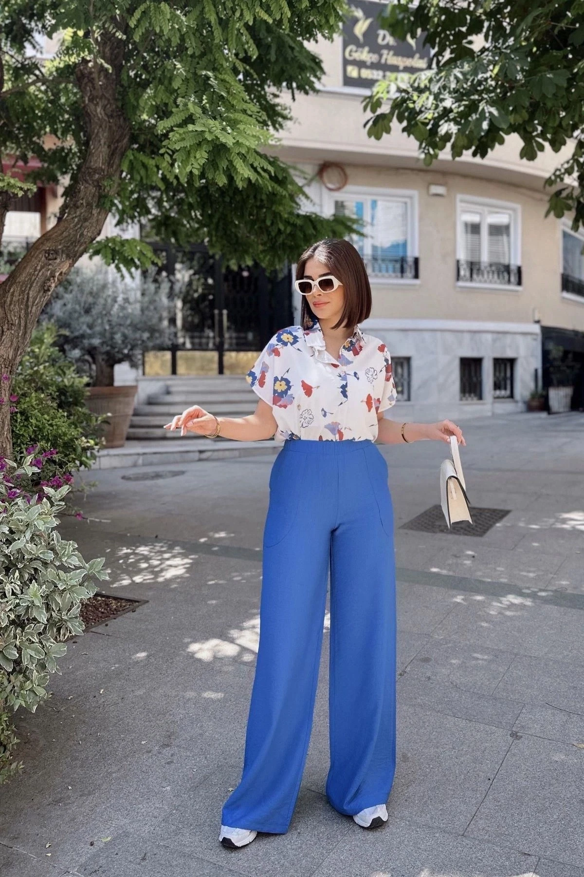 İndigo İspanyol Bol Paça, Lastikli Bel, Keten/Airobin Kumaş, Salaş , Cepli, İç Göstermez Pantolon