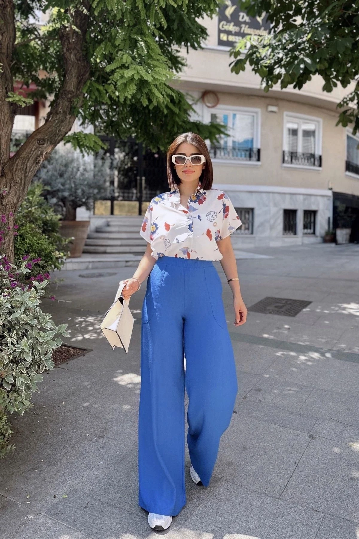 İndigo İspanyol Bol Paça, Lastikli Bel, Keten/Airobin Kumaş, Salaş , Cepli, İç Göstermez Pantolon