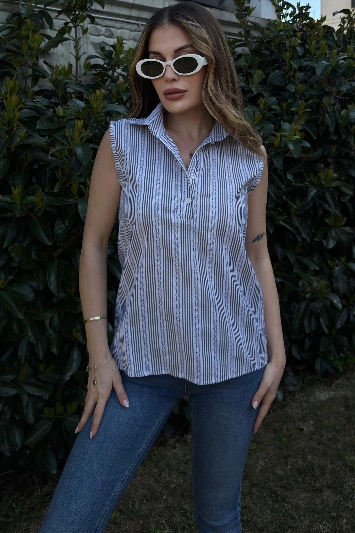 Kadın Anrasit Çizgili, Dokulu Yazlık Kumaş, Yarım Patlı, Sıfır Kollu Bluz