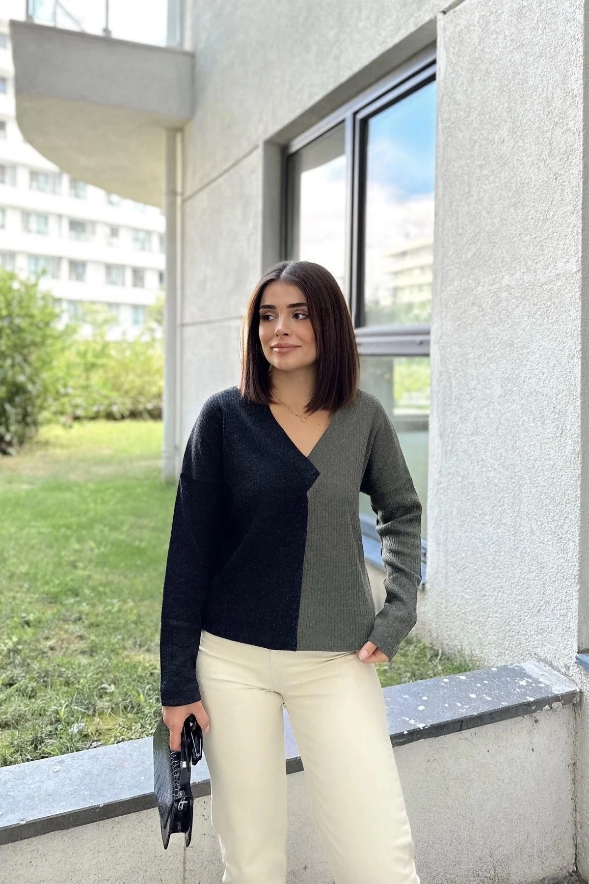 Kadın Antrasit & Haki Günlük Stil V Yaka Color Block, Uzun Kol Kazak Bluz, Pamuklu Sweatshirt