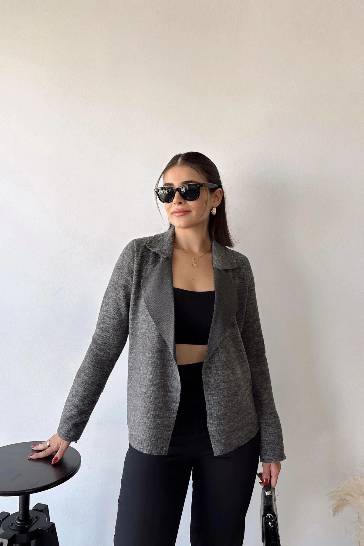 Kadın Antrasit Uzun Kol, Yumuşak Dokulu, Çift Taraflı Yaka, Hırka Ceket
