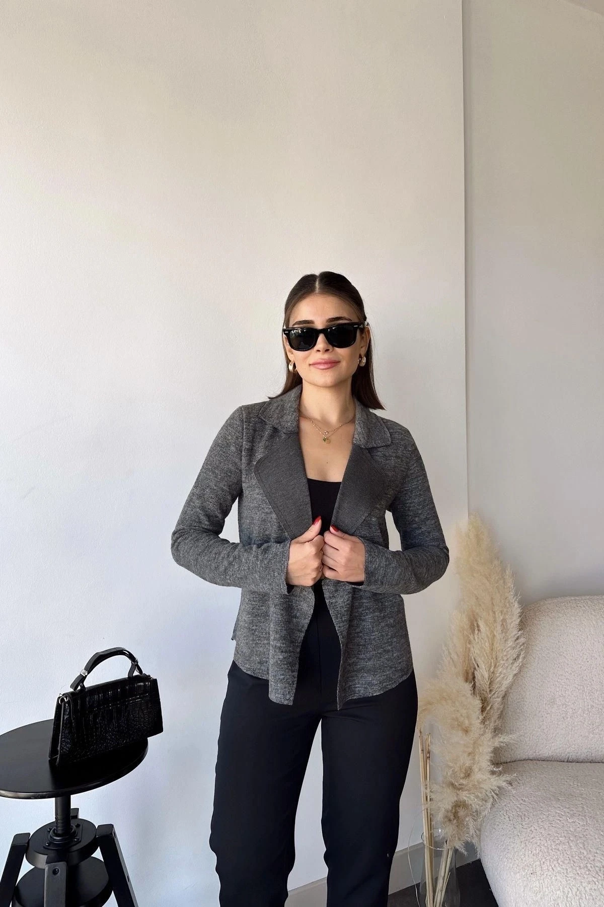 Kadın Antrasit Uzun Kol, Yumuşak Dokulu, Çift Taraflı Yaka, Hırka Ceket