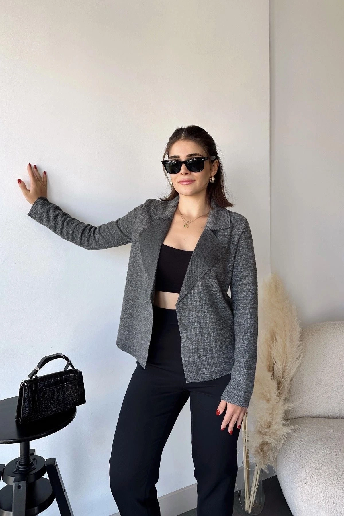 Kadın Antrasit Uzun Kol, Yumuşak Dokulu, Çift Taraflı Yaka, Hırka Ceket