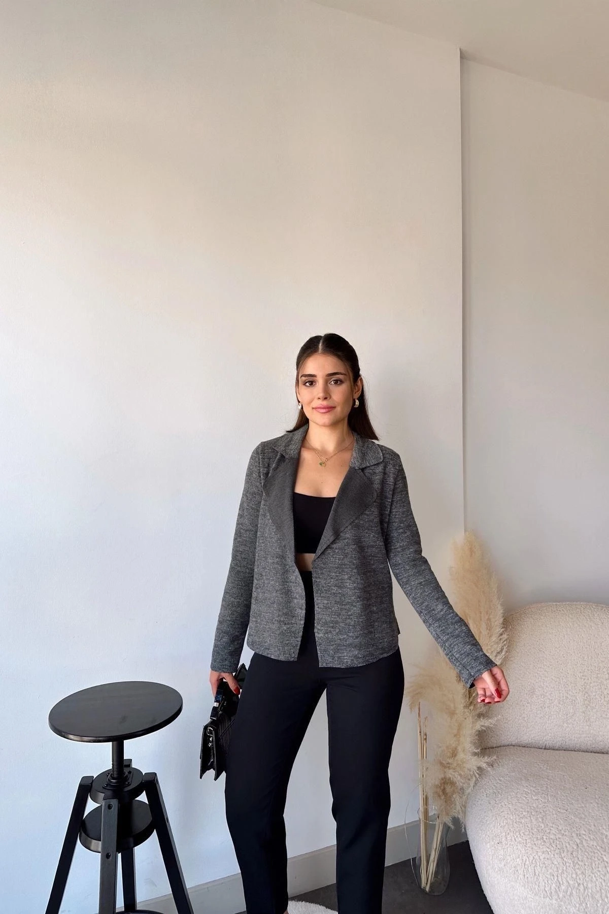 Kadın Antrasit Uzun Kol, Yumuşak Dokulu, Çift Taraflı Yaka, Hırka Ceket