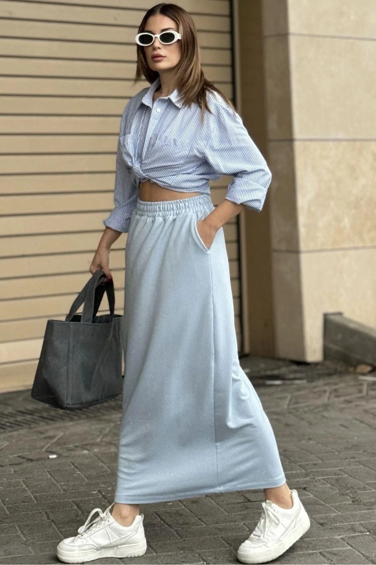 Kadın Bebe MaVi Beli Lastikli, Rahat Kalıp, Cepli Uzun Etek