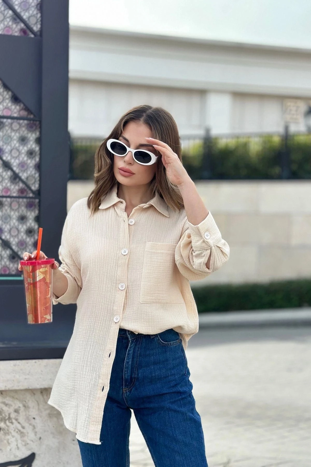 Kadın Bej İthal Müslin Kumaş, Cepli Uzun Ve Salaş Tunik Gömlek