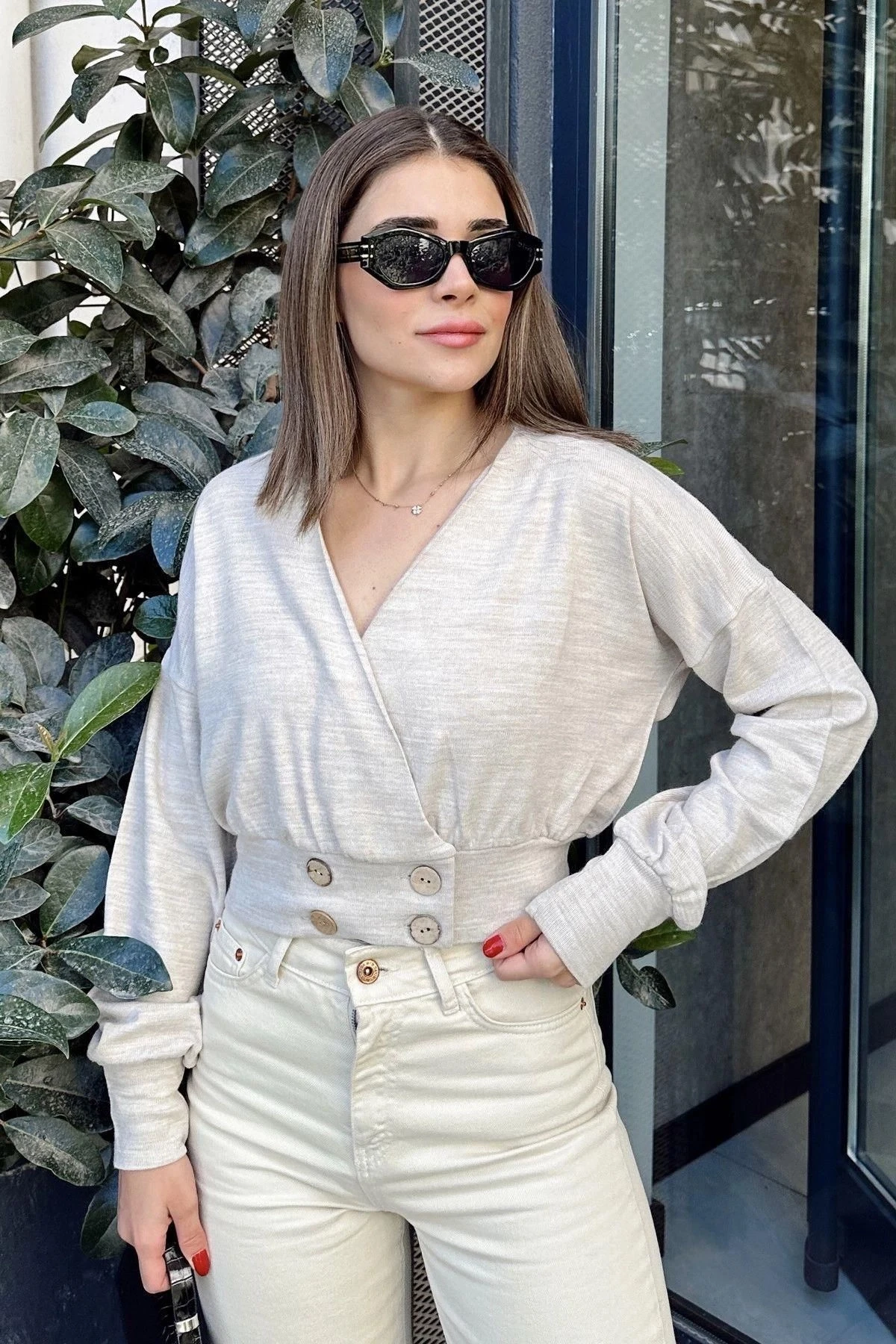 Kadın Bej Uzun Balon Kol, Düğme Detaylı, Kruvaze Bluz Ceket