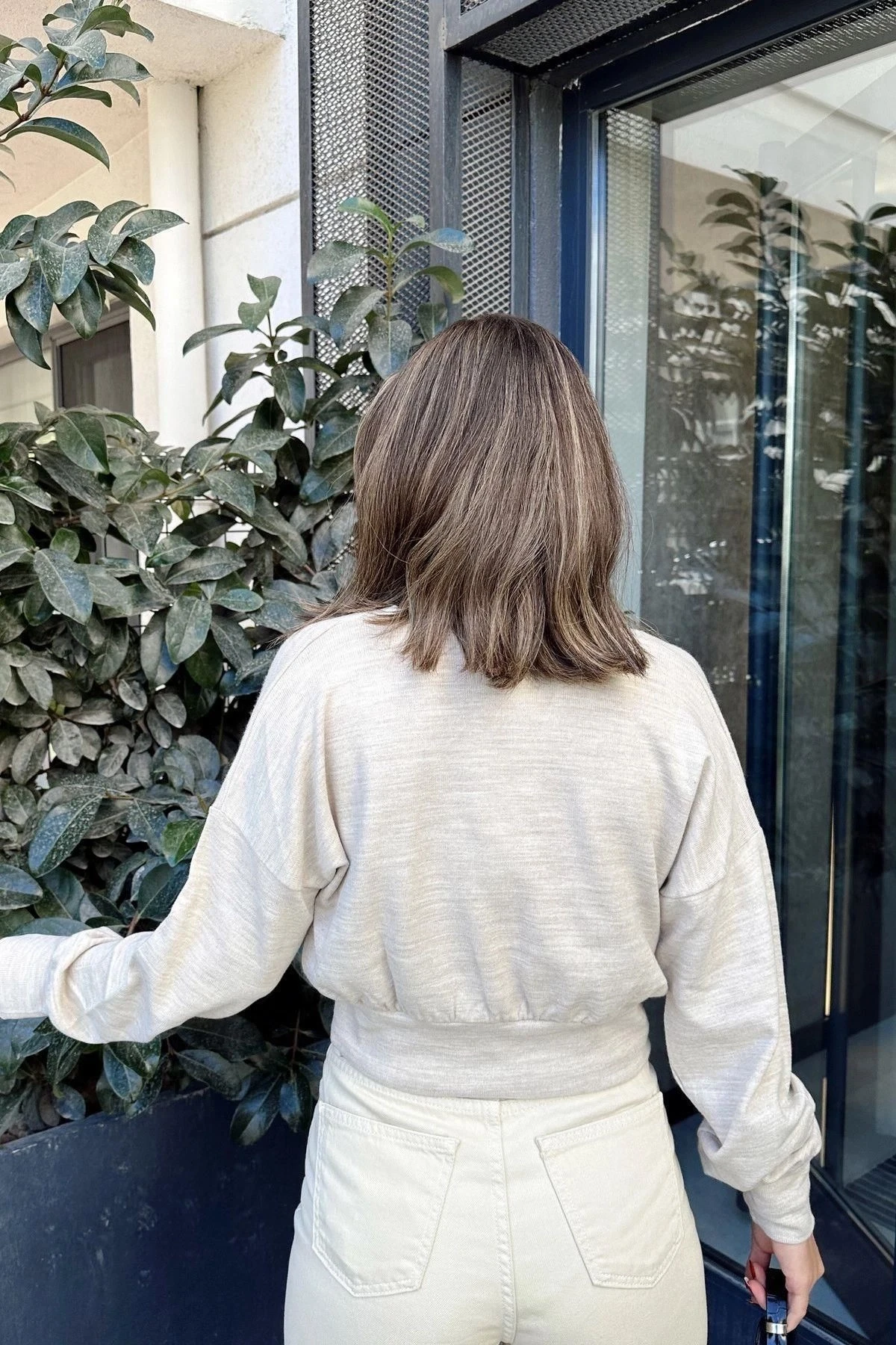 Kadın Bej Uzun Balon Kol, Düğme Detaylı, Kruvaze Bluz Ceket