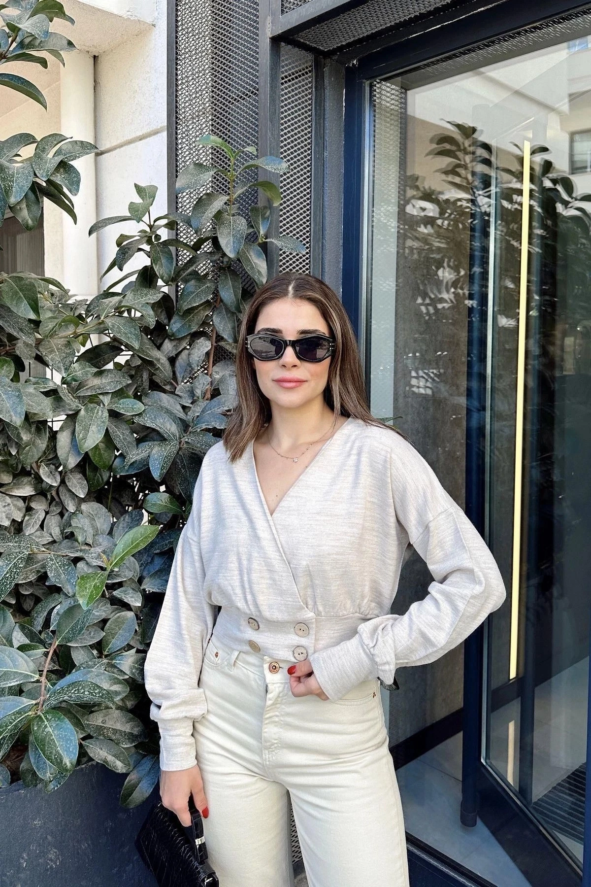 Kadın Bej Uzun Balon Kol, Düğme Detaylı, Kruvaze Bluz Ceket