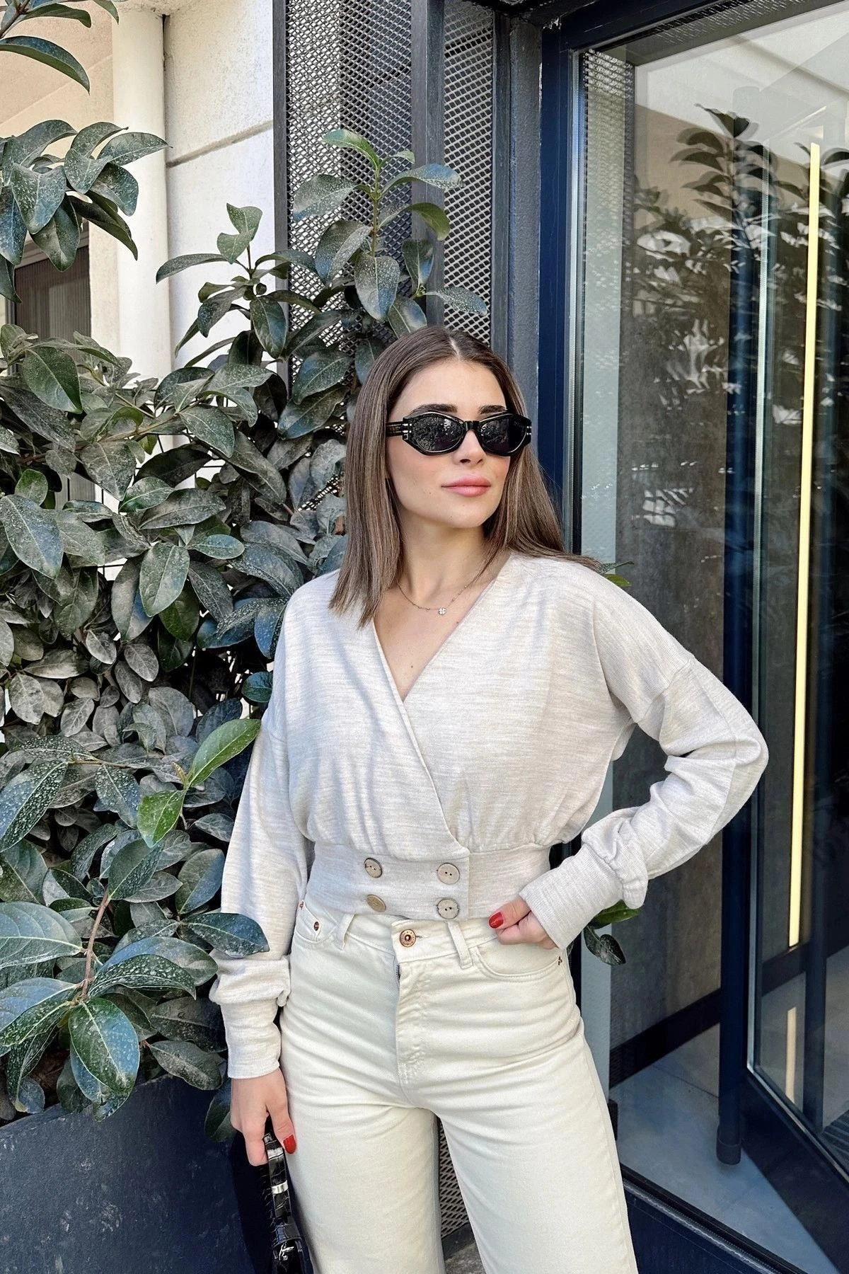 Kadın Bej Uzun Balon Kol, Düğme Detaylı, Kruvaze Bluz Ceket