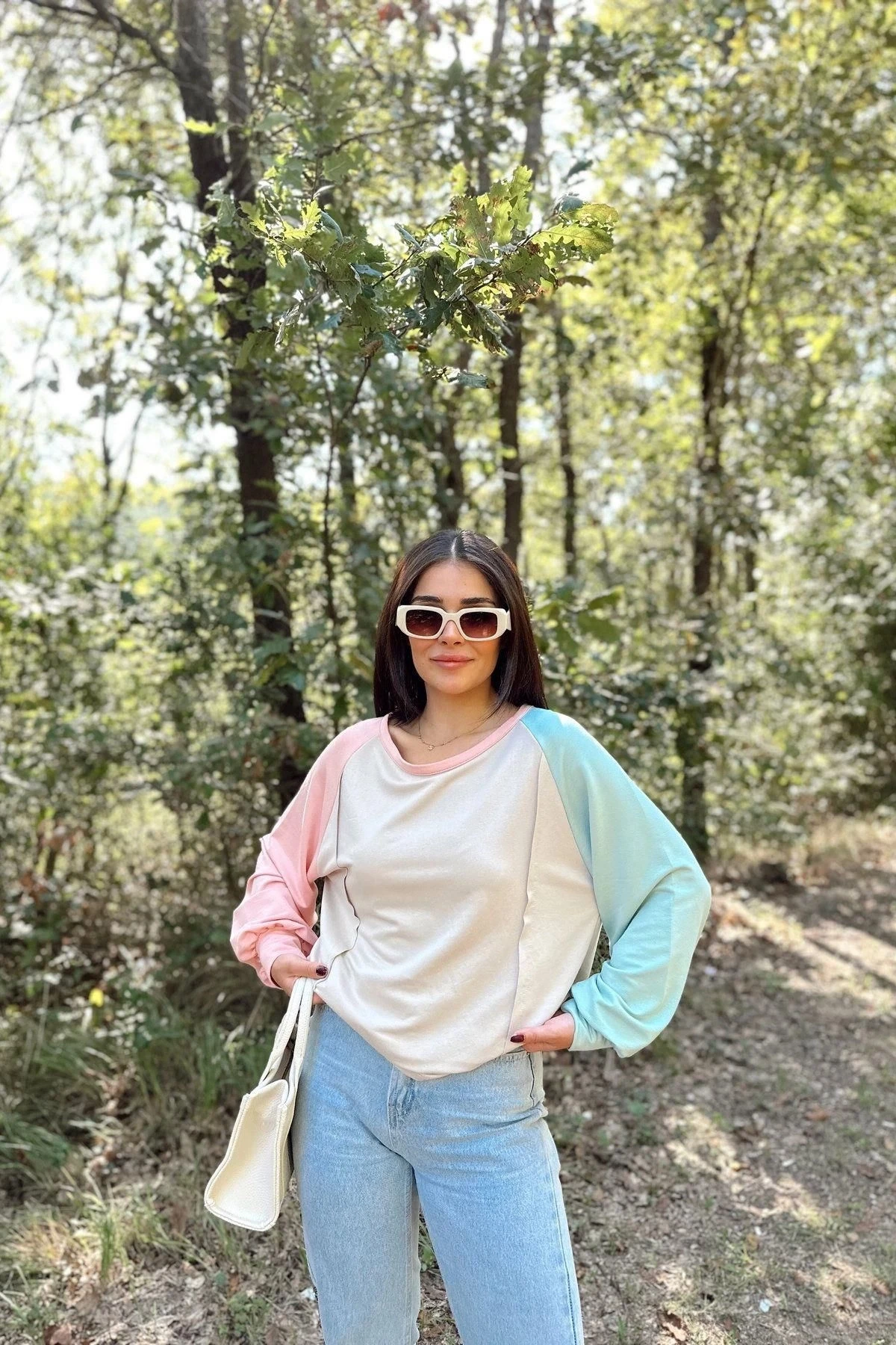 Kadın Bej Uzun Balon Kol, Yuvarlak Yaka, Kolları Double Color Block Basic Sweatshirt Bluz