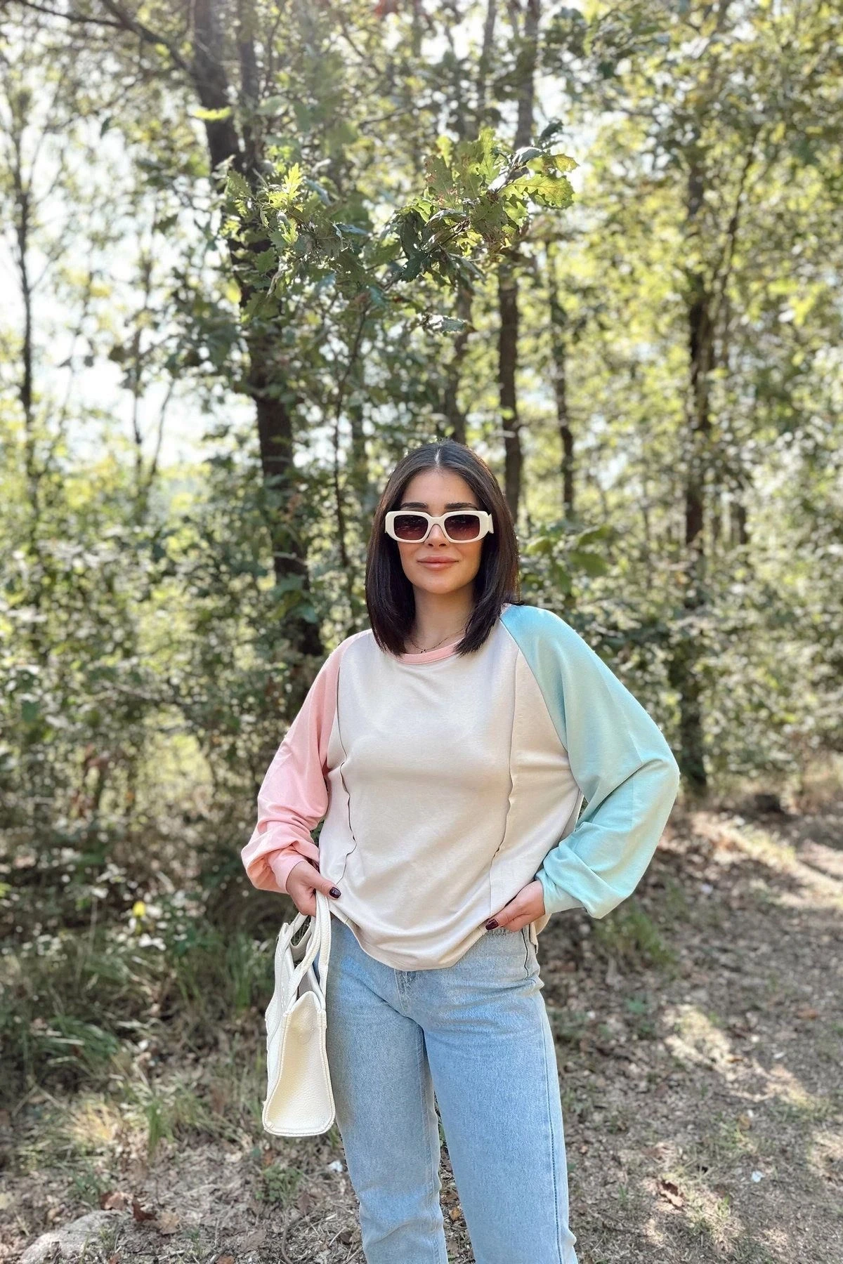 Kadın Bej Uzun Balon Kol, Yuvarlak Yaka, Kolları Double Color Block Basic Sweatshirt Bluz