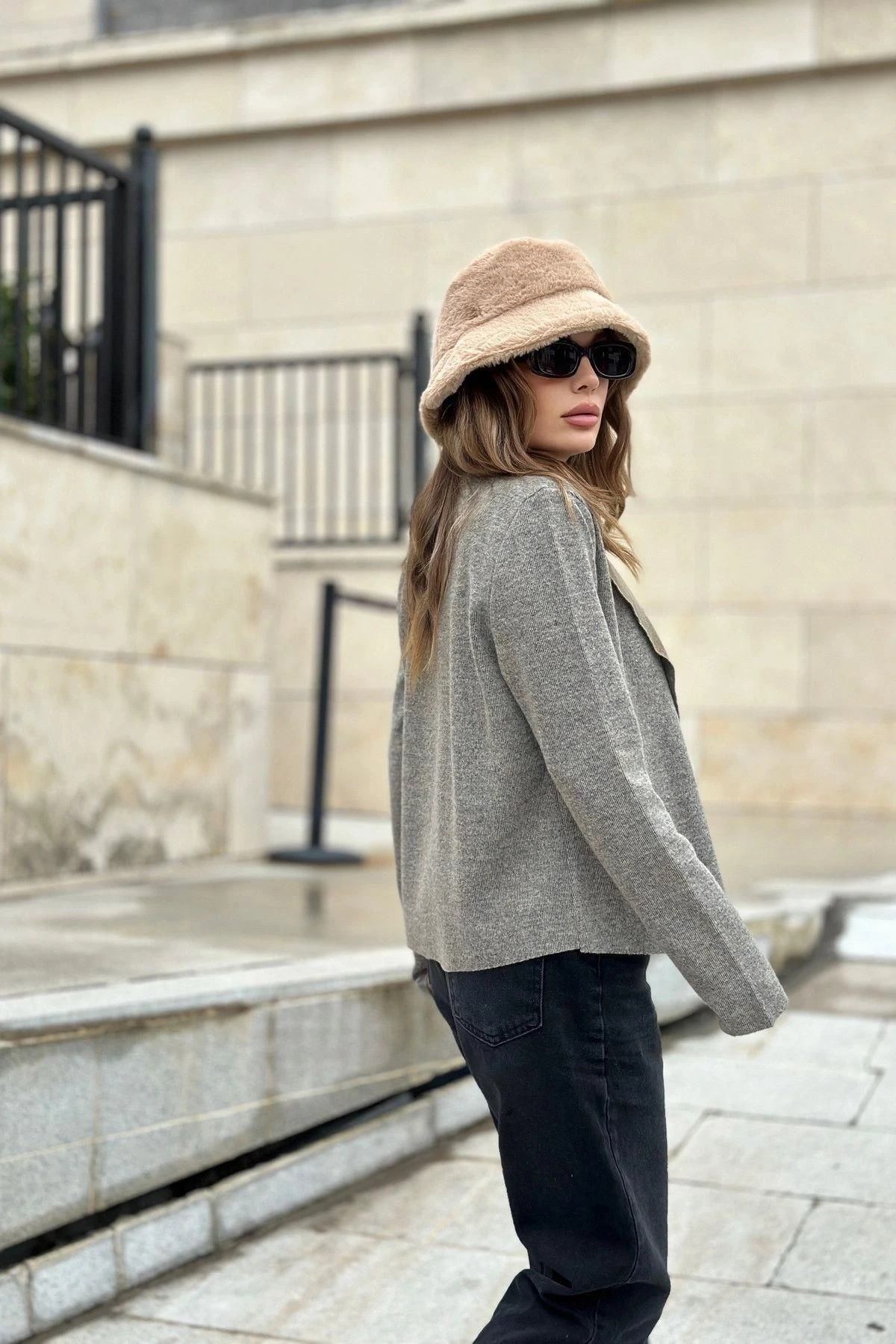 Kadın Bej Uzun Kol, Yumuşak Dokulu, Çift Taraflı Yaka, Hırka Ceket