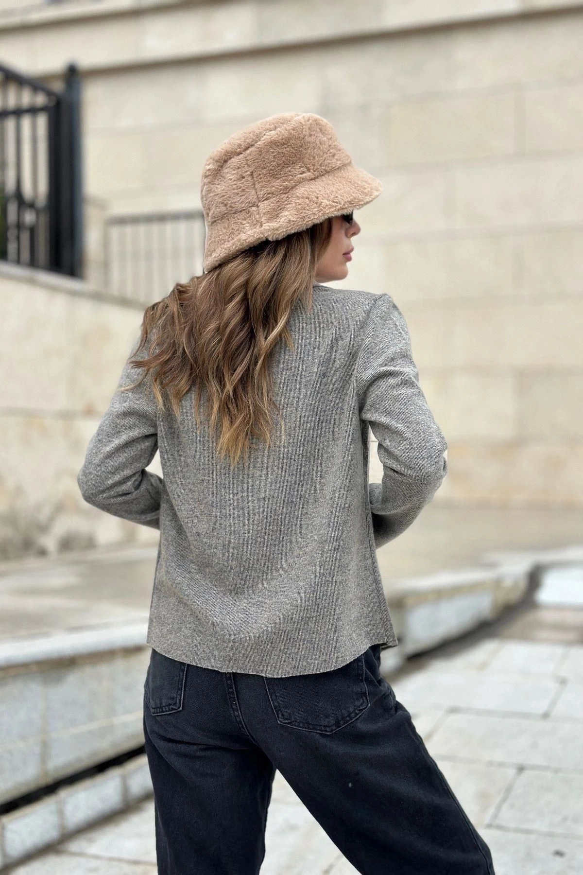 Kadın Bej Uzun Kol, Yumuşak Dokulu, Çift Taraflı Yaka, Hırka Ceket