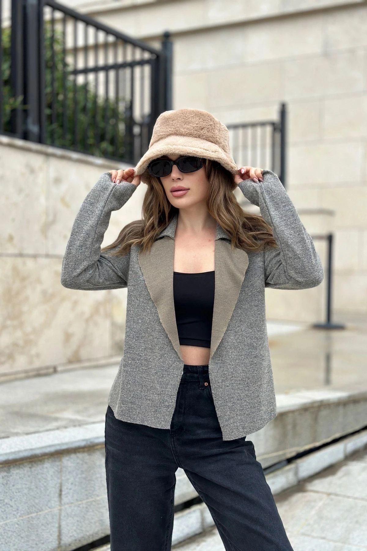 Kadın Bej Uzun Kol, Yumuşak Dokulu, Çift Taraflı Yaka, Hırka Ceket