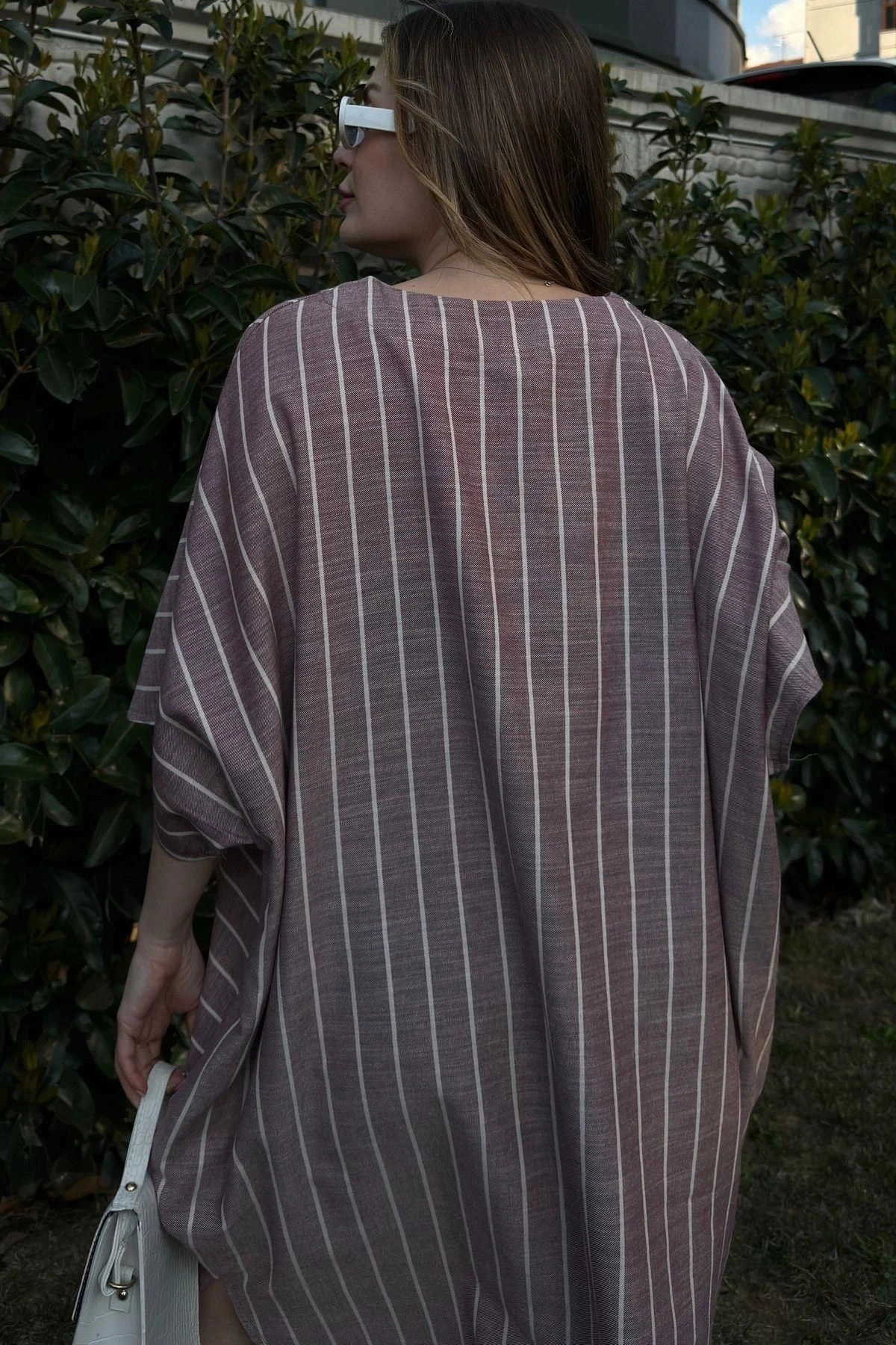 Kadın Bordo Çizgili Keten, Yarım Kol, V Yaka, Cepli, Salaş Midi Elbise