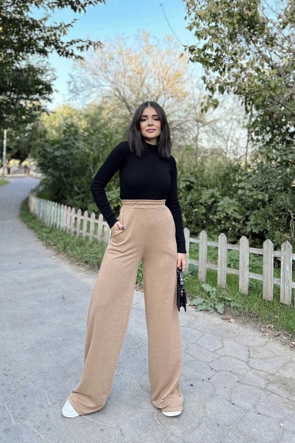 Kadın Camel Beli Lastikli, Cepli Örme Dokuma Kumaş, Bol Paça, Salaş Pantolon