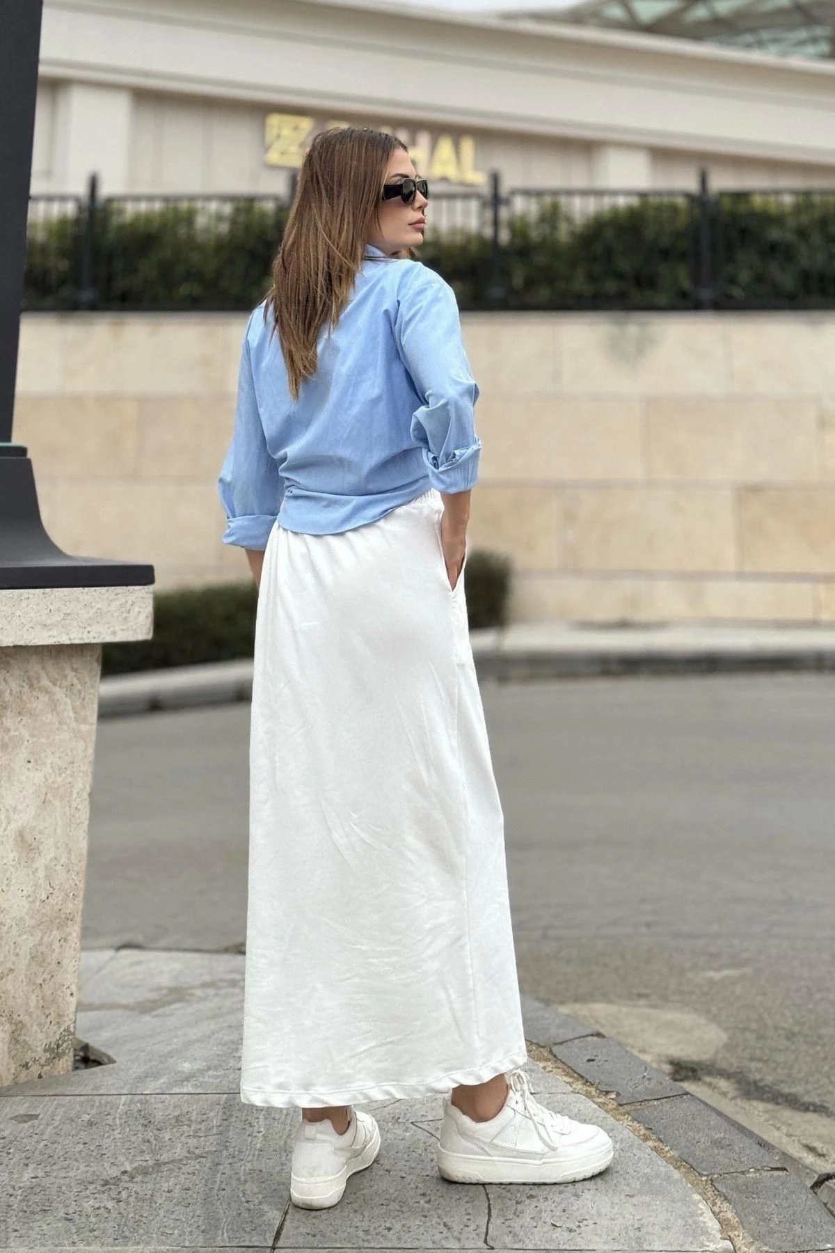 Kadın Ekru Beli Lastikli, Rahat Kalıp, Cepli Uzun Etek