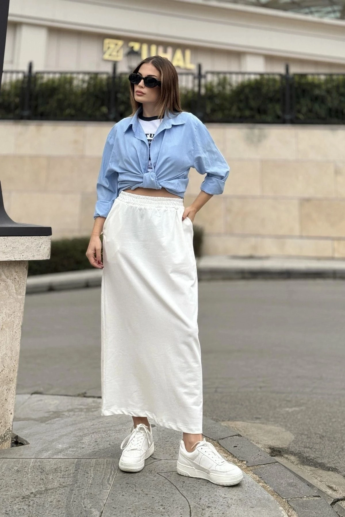 Kadın Ekru Beli Lastikli, Rahat Kalıp, Cepli Uzun Etek