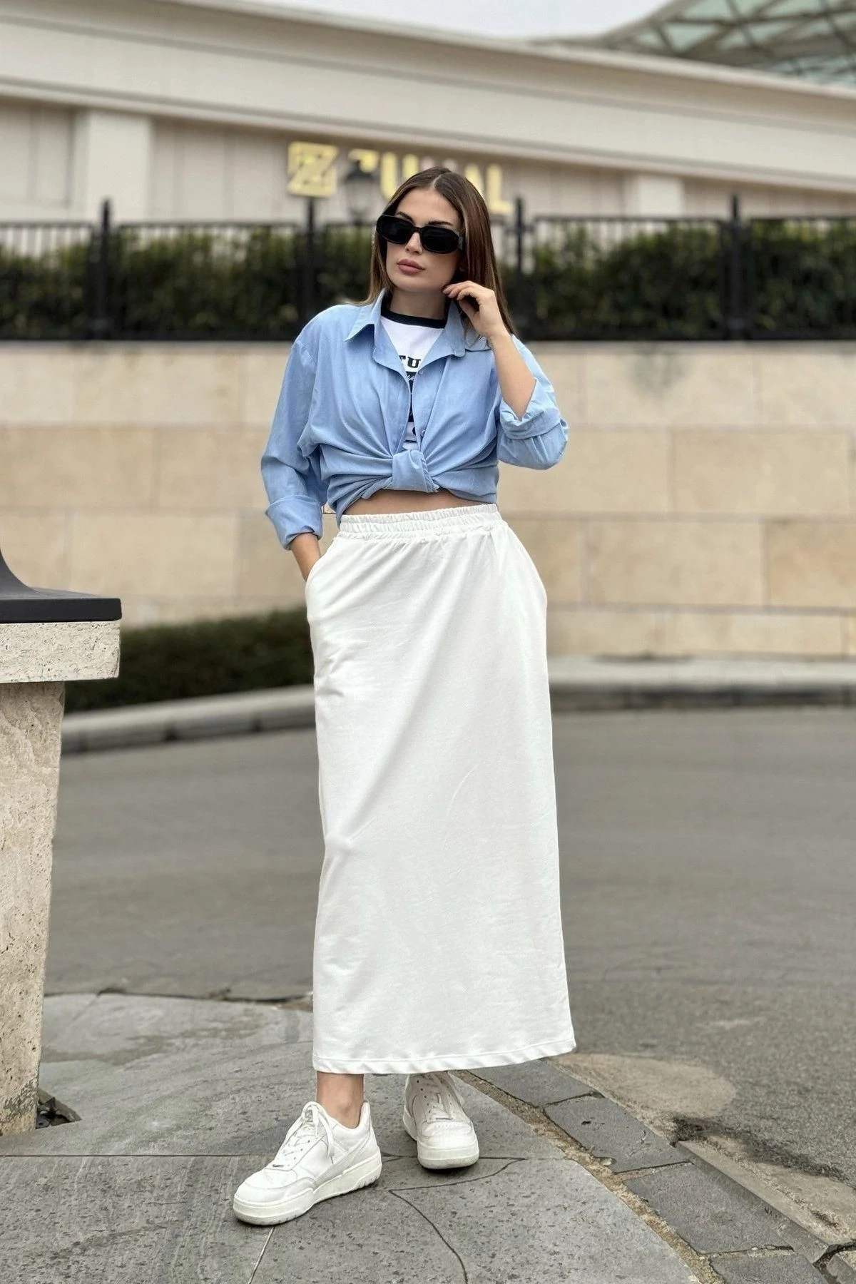 Kadın Ekru Beli Lastikli, Rahat Kalıp, Cepli Uzun Etek