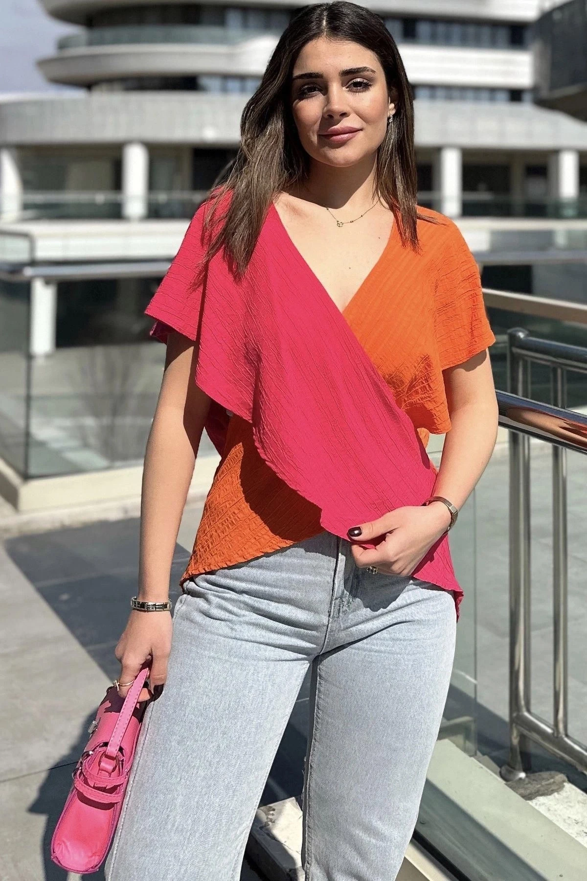 Kadın Fuşya & Turuncu İki Renkli, Derin V Yaka, Kolsuz, Çapraz Bloklu, Salaş Bluz