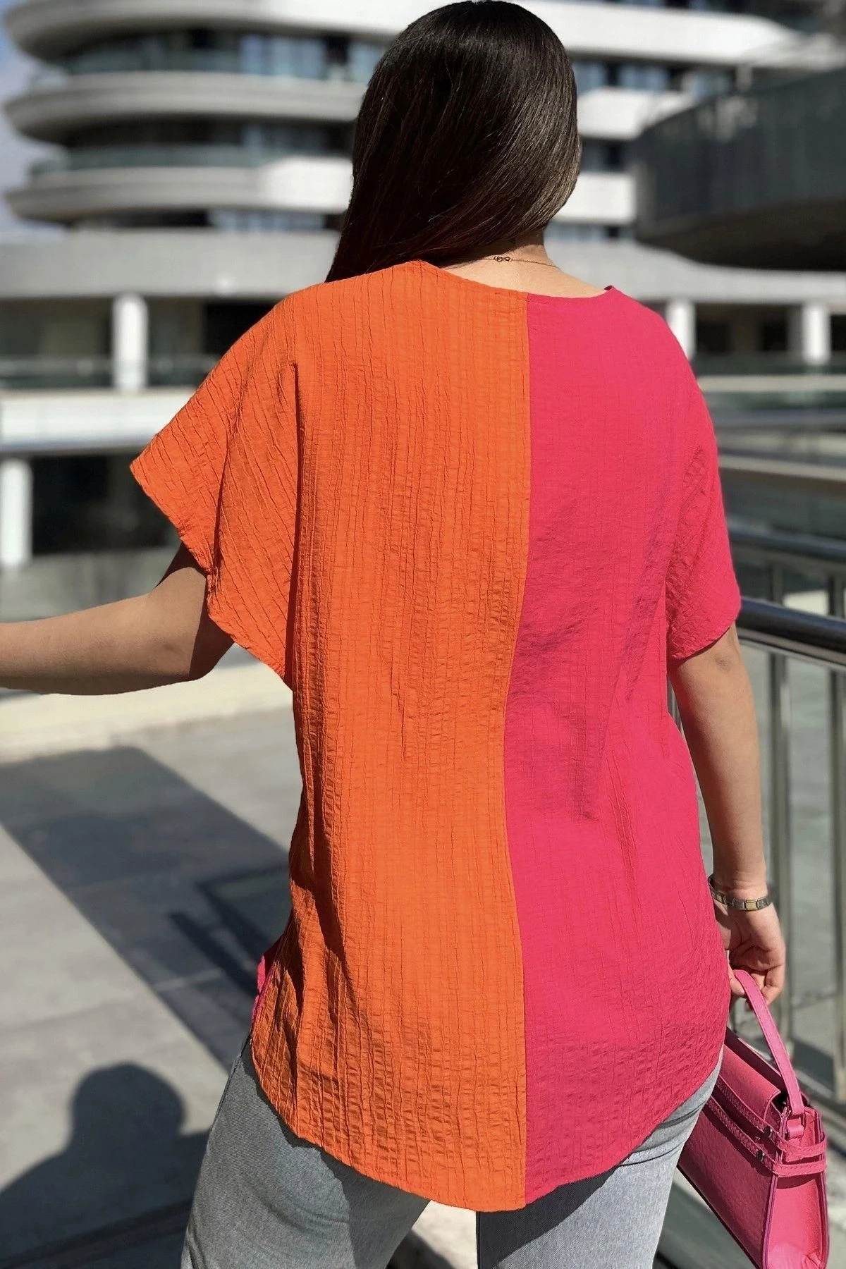 Kadın Fuşya & Turuncu İki Renkli, Derin V Yaka, Kolsuz, Çapraz Bloklu, Salaş Bluz