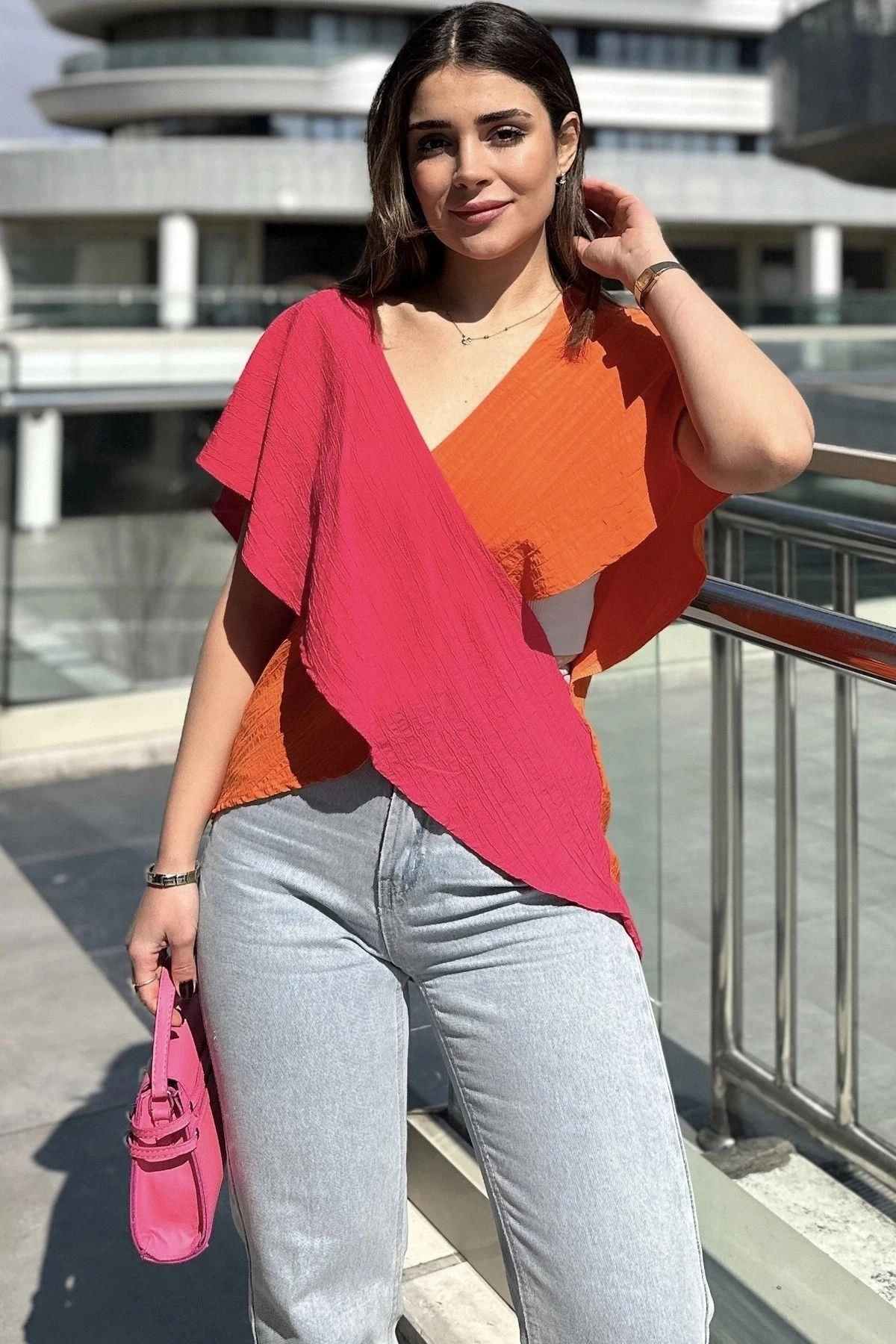Kadın Fuşya & Turuncu İki Renkli, Derin V Yaka, Kolsuz, Çapraz Bloklu, Salaş Bluz