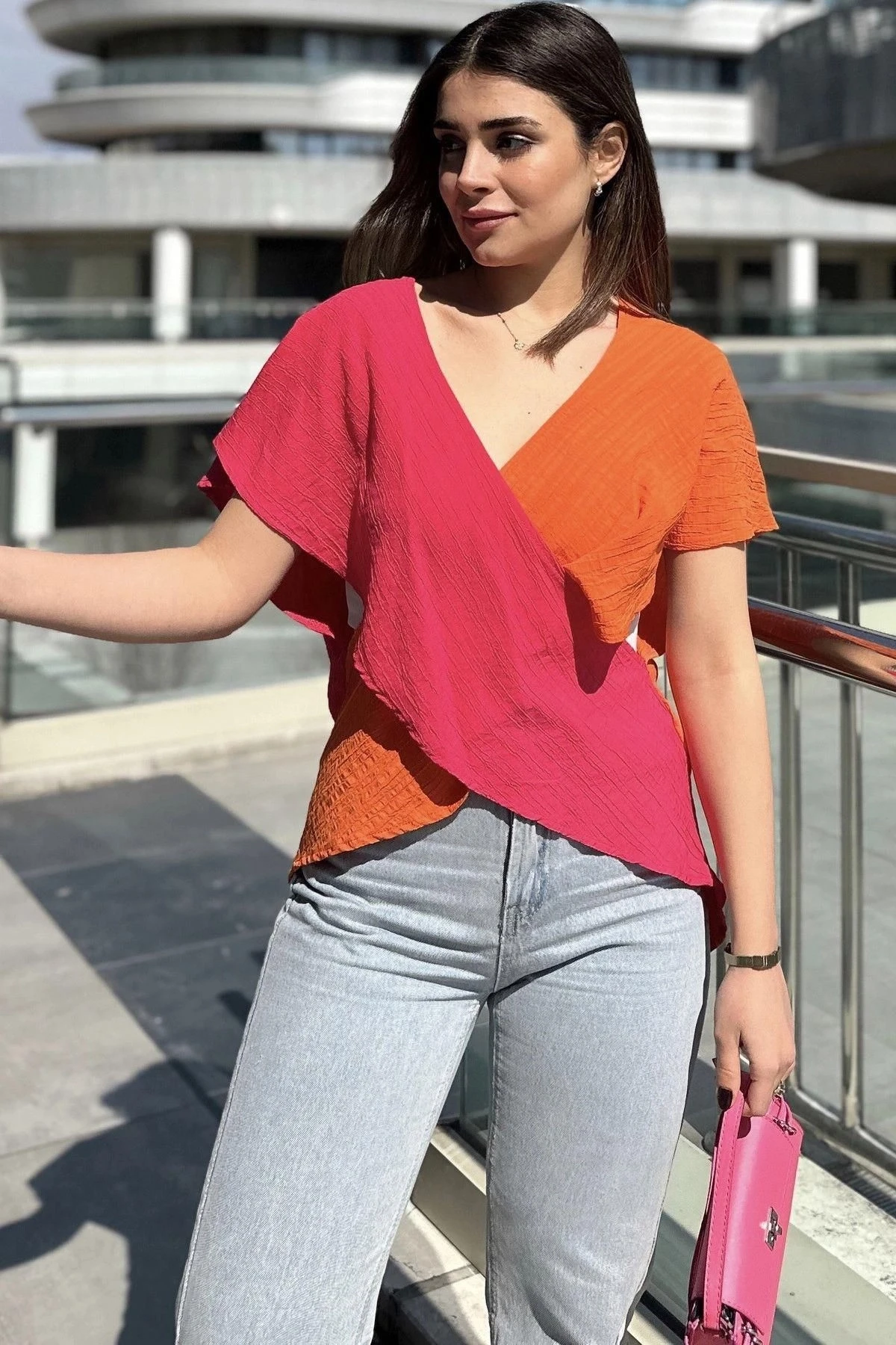Kadın Fuşya & Turuncu İki Renkli, Derin V Yaka, Kolsuz, Çapraz Bloklu, Salaş Bluz