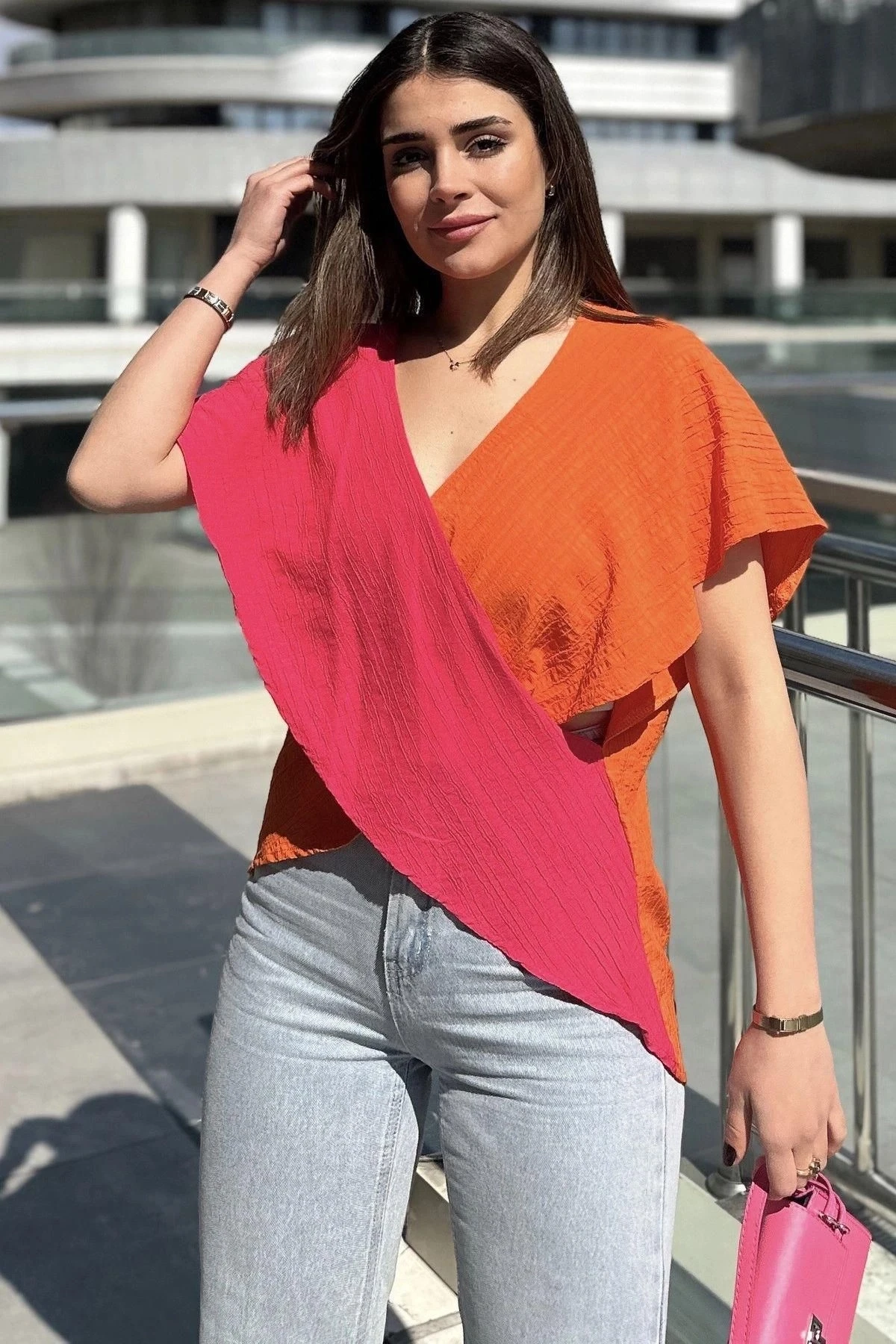 Kadın Fuşya & Turuncu İki Renkli, Derin V Yaka, Kolsuz, Çapraz Bloklu, Salaş Bluz